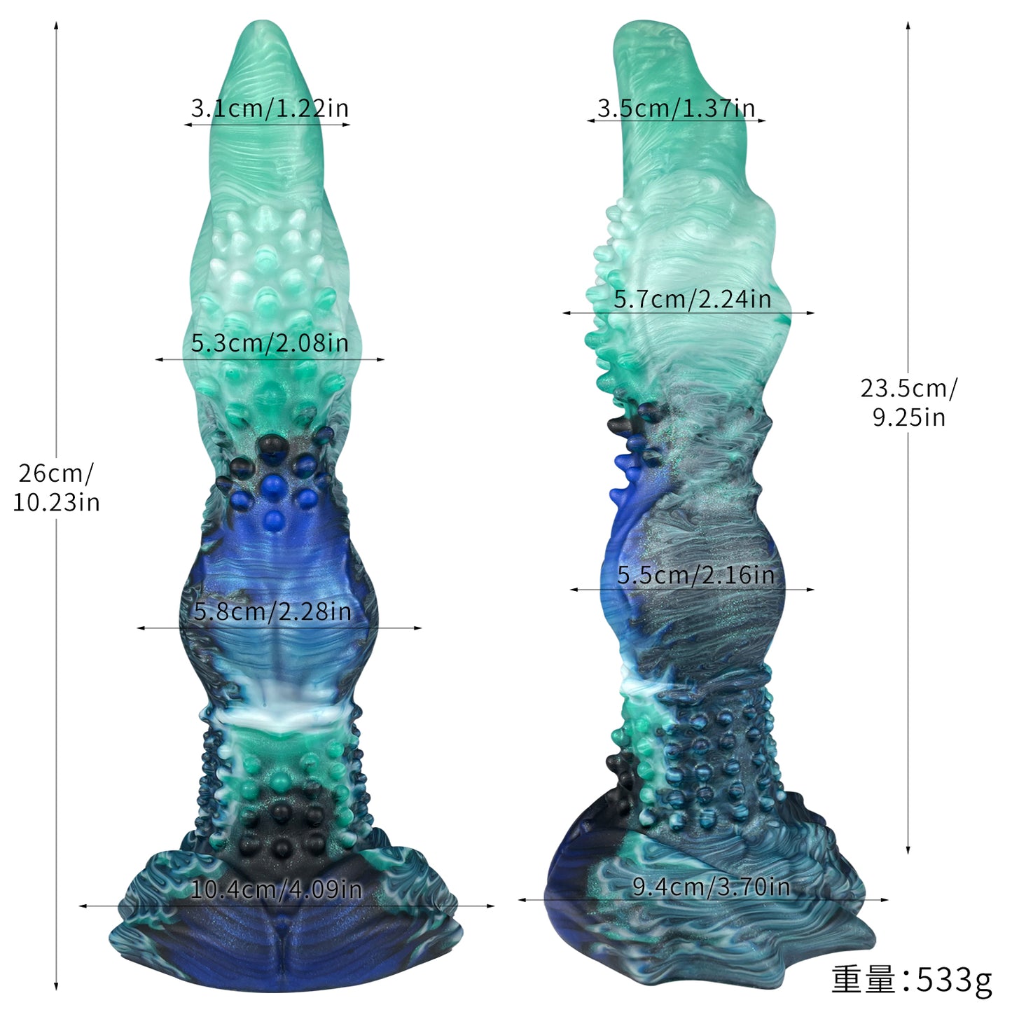 Fantasy Dildo Deep Sea – Mint Green-Blue, Dense Triple-Nobs & Strong Suction Cup