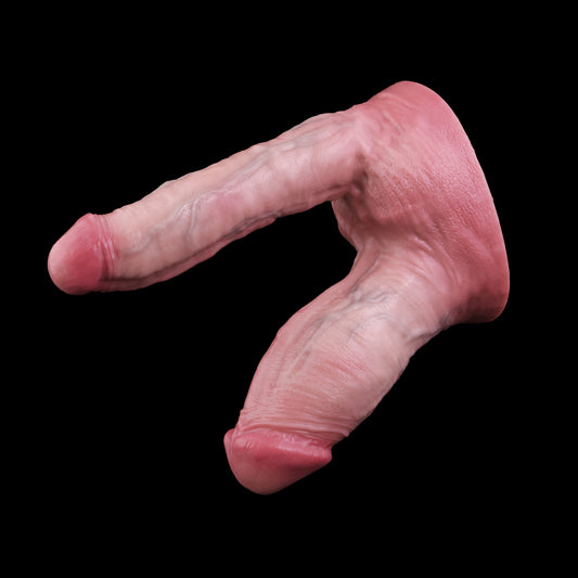 Double Dildo in Helles Hautrosa – Kurz-Dick & Schlank-Lang, Kräftige Venenstruktur & Saugnapf aus Doppelschicht-Platin-Silikon