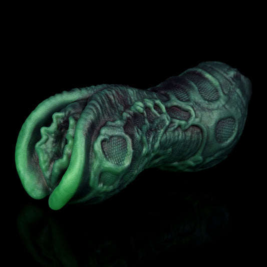 Alien Pocket Pussy mit Nervennetz-Textur – Röhrenstruktur, Biolumineszenz-Grün & Einzelkanal aus Platin-Silikon