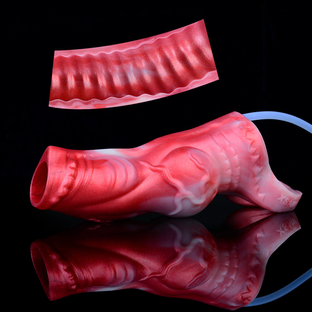 Fantasy Penis Sleeve with Ejaculation Function – Red and White Premium Silicone Penis Cover with Testicle Ring for Role Play & Couples