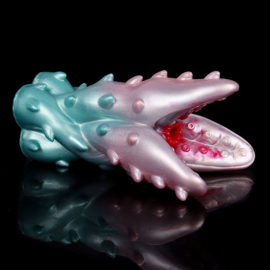 Alien-Pflanze Pocket Pussy mit Drei Tentakeln & Stacheln – Mintgrün-Rosa Perlmutt, Rote Innenkammer & Platin-Silikon