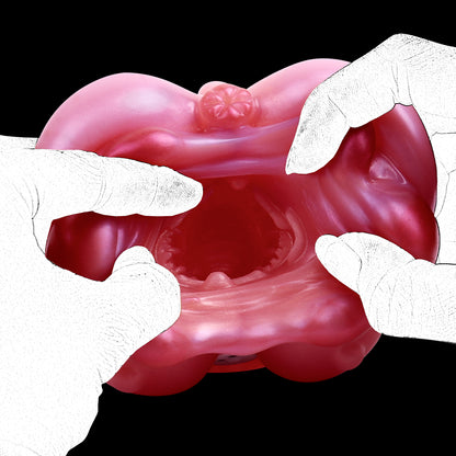 Kuh Mini Pocket Pussy in Hautfarben-Rosa mit Herzform-Eingang, Zwei Mini-Brüsten & Vibration – Perlschimmer, Realistisch & Platin-Silikon