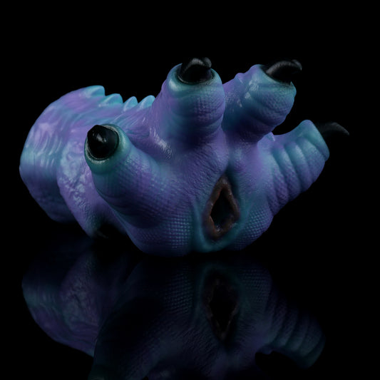 Drachenklauen-Fantasy Pocket Pussy – Lavendelviolett & Eisblautürkis, Dunkelroter Klauen-Eingang, Drachenschuppen-Relief & Einzelkanal aus Platin-Silikon