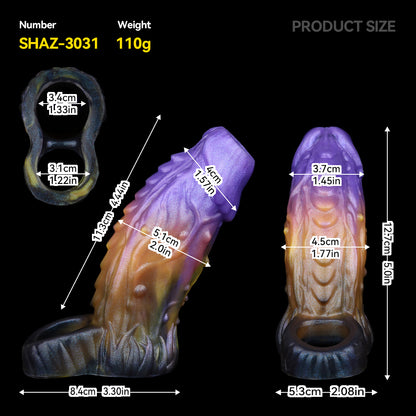 Alien Penis Sleeve – Violett-Orange-Gold, Offene Eichel & Verzögerungsring