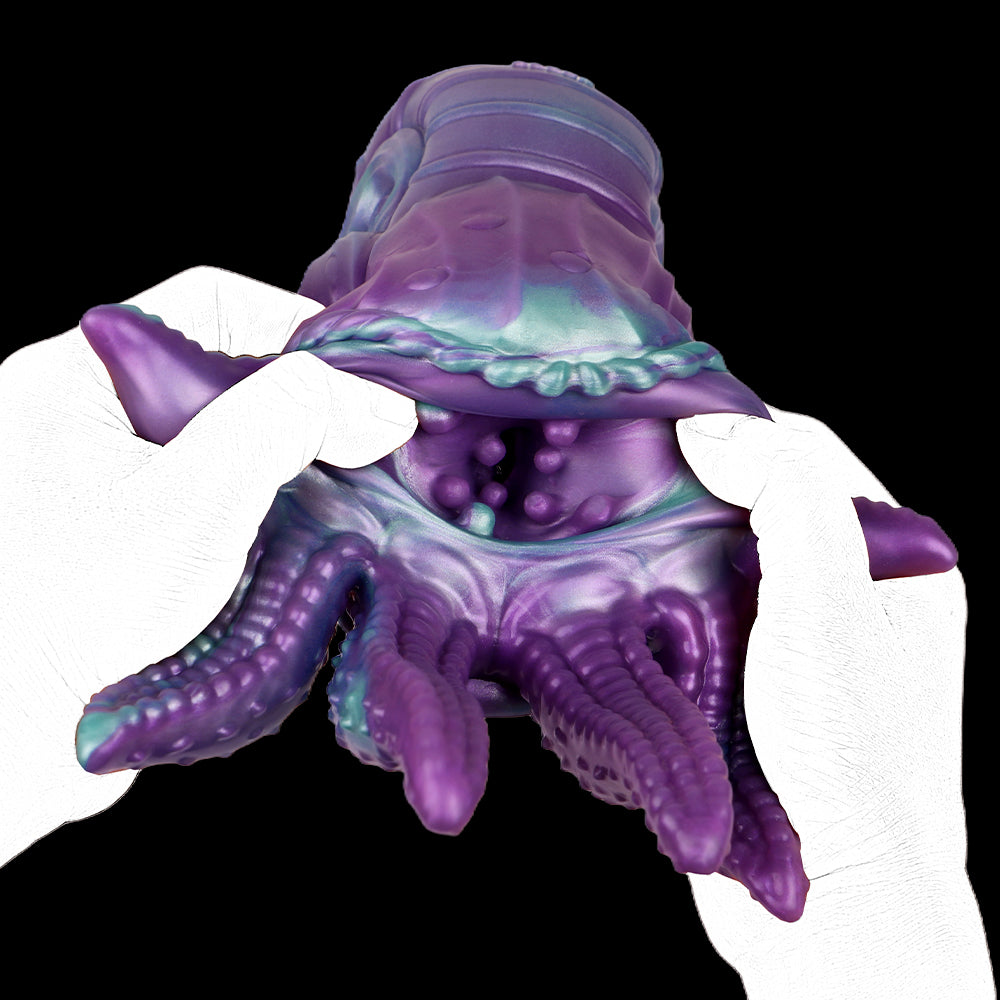 Tiefsee-Nautilus Sexpuppe mit Eisblauen Schlitzaugen, Tentakeln & Zahneingang – Tiefviolett-Eisblau, Zacken-Kugelnoppen-Kanal & Platin-Silikon