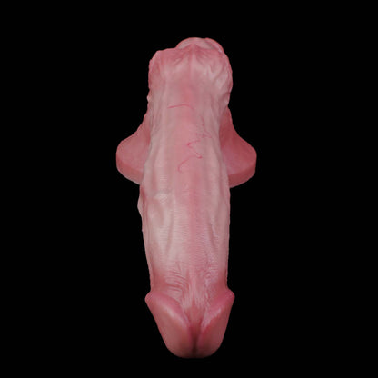 Double Dildo in Rosenrosa-Marmor mit Zwei Enden, Venenstruktur & Saugnapf – Ein dickes & ein dünnes Ende, Hautfalten & Platin-Silikon