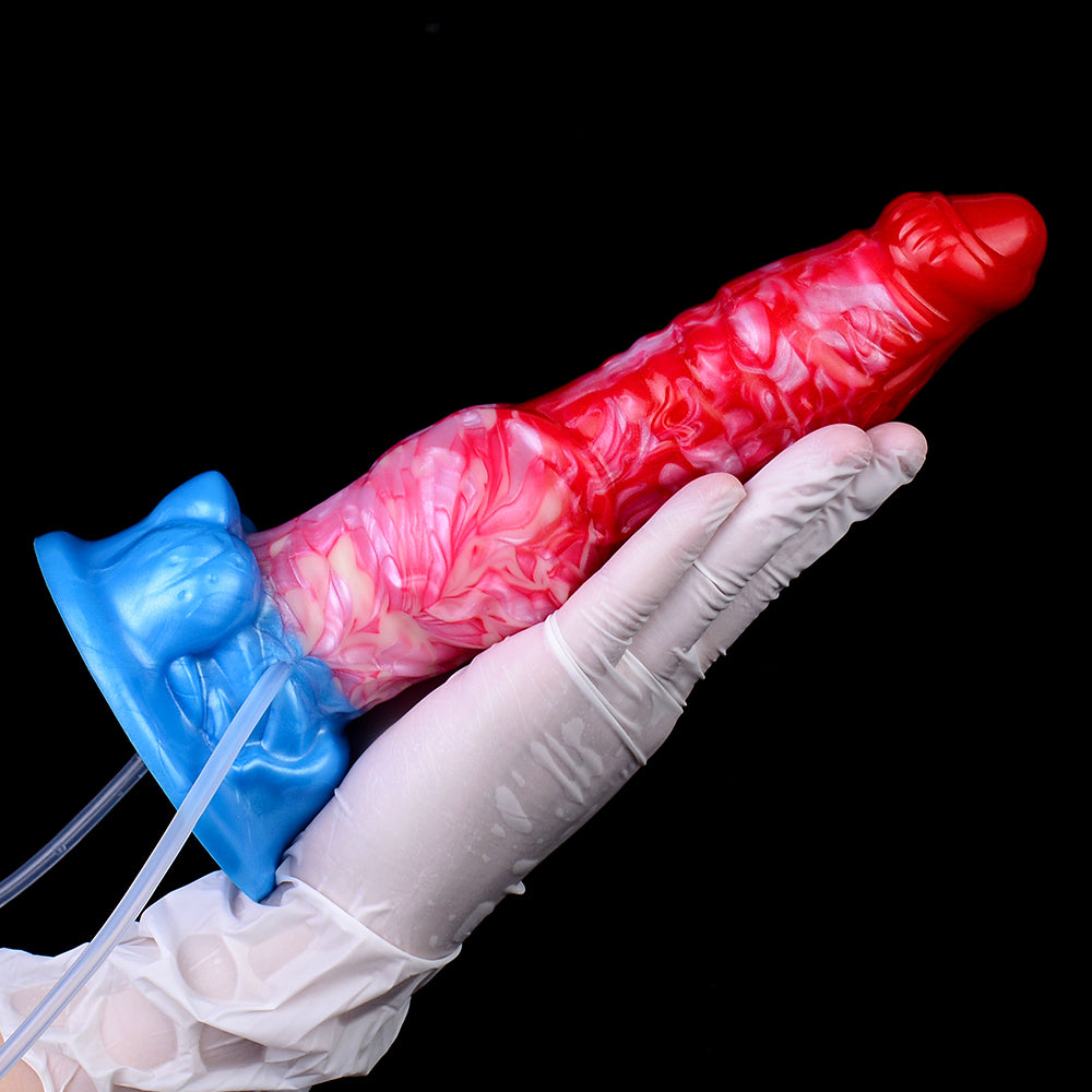 Crimson-to-Cobalt Fantasy Platinum Silicone Dildo - Creature Scale Squirting Dildo with Inflatable Knot Base