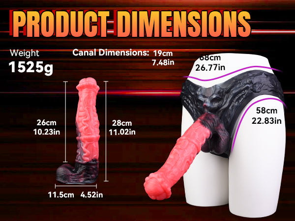 Large Fantasy Dildo Platinum Silicone Strap-On - Strap-on Dildo with Demon-Harness Fire Red-Black and Anatomical Glans