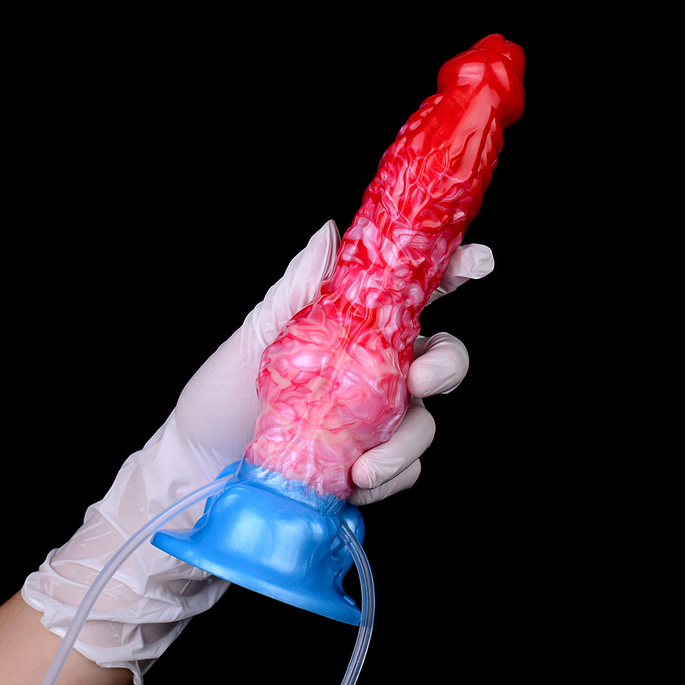 Crimson-to-Cobalt Fantasy Platinum Silicone Dildo - Creature Scale Squirting Dildo with Inflatable Knot Base
