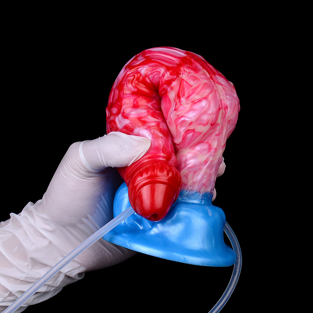 Crimson-to-Cobalt Fantasy Platinum Silicone Dildo - Creature Scale Squirting Dildo with Inflatable Knot Base