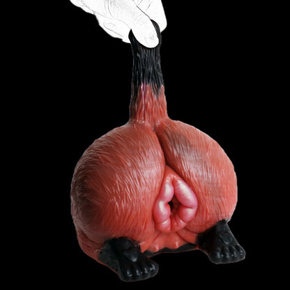 Fuchs-Po Sexpuppe mit Fellstruktur, Schwanz & Pfoten-Griff – Ziegelrot-Mattschwarz-Rosarosa, Zackennoppen-Kanal & Platin-Silikon