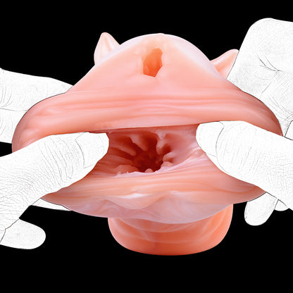 Fuchs-Vulva Pocket Pussy im Corgi-Orange mit Basis-Ohren, Rautenalöffnung & Vaginal-Anal-Doppelkanal – Pfirsich-Corgi-Orange, Wellennoppen-Kanal & Platin-Silikon
