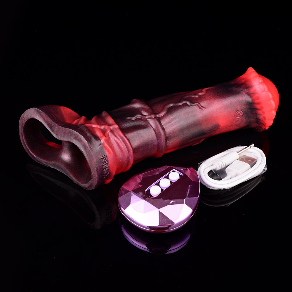 Red-Black Squirt Vibro Creature Dong Silicone Sleeve Remote Control Marbling Double Ball-Socket