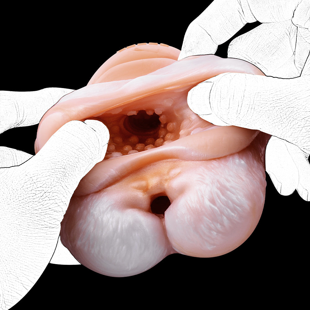 Waschbär-Vulva Pocket Pussy im Corgi-Orange mit Bauch-Fellstruktur & Vaginal-Anal-Doppelkanal – Corgi-Orange-Perlweiß, Dreiphasen-Kanal & Platin-Silikon