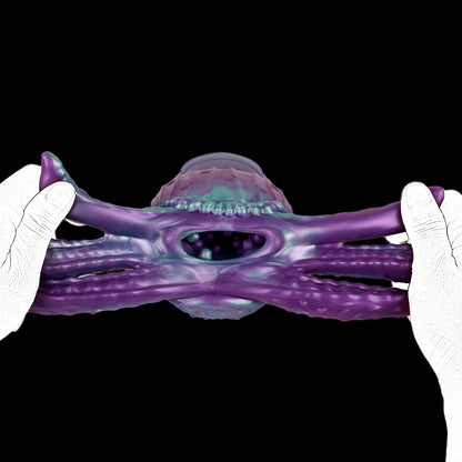 Tiefsee-Nautilus Sexpuppe mit Eisblauen Schlitzaugen, Tentakeln & Zahneingang – Tiefviolett-Eisblau, Zacken-Kugelnoppen-Kanal & Platin-Silikon