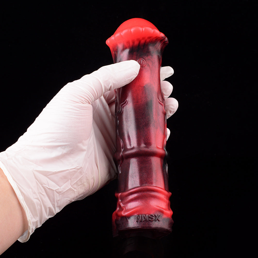 Red-Black Squirt Vibro Creature Dong Silicone Sleeve Remote Control Marbling Double Ball-Socket