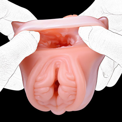 Fuchs-Vulva Pocket Pussy im Corgi-Orange mit Basis-Ohren, Rautenalöffnung & Vaginal-Anal-Doppelkanal – Pfirsich-Corgi-Orange, Wellennoppen-Kanal & Platin-Silikon