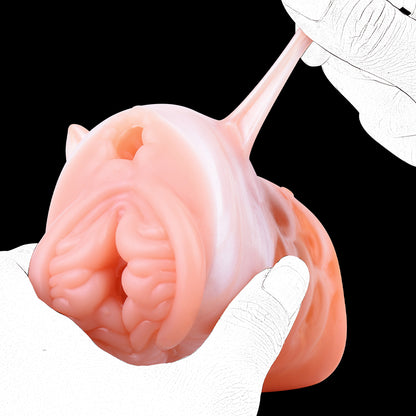 Fuchs-Vulva Pocket Pussy im Corgi-Orange mit Basis-Ohren, Rautenalöffnung & Vaginal-Anal-Doppelkanal – Pfirsich-Corgi-Orange, Wellennoppen-Kanal & Platin-Silikon