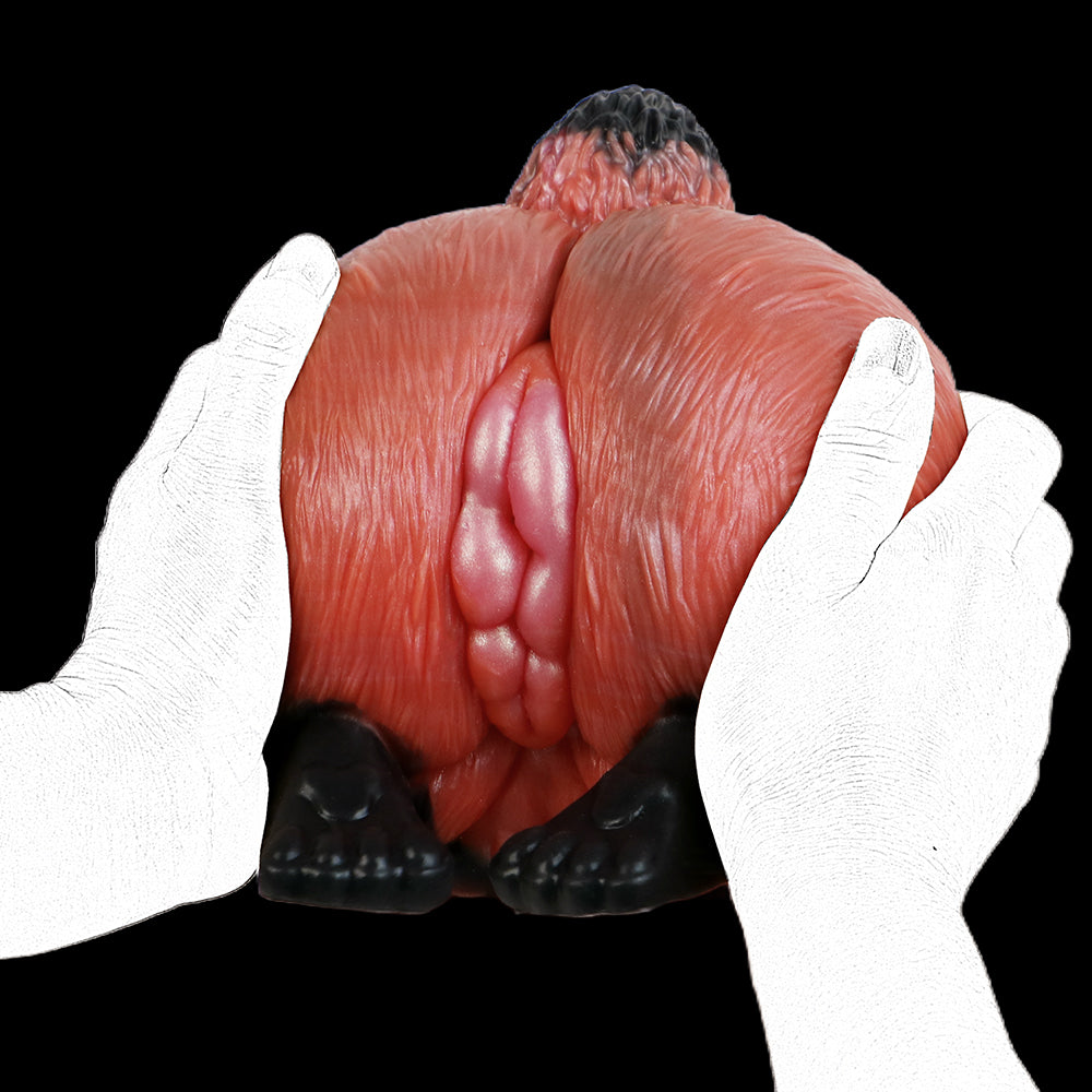 Fuchs-Po Sexpuppe mit Fellstruktur, Schwanz & Pfoten-Griff – Ziegelrot-Mattschwarz-Rosarosa, Zackennoppen-Kanal & Platin-Silikon