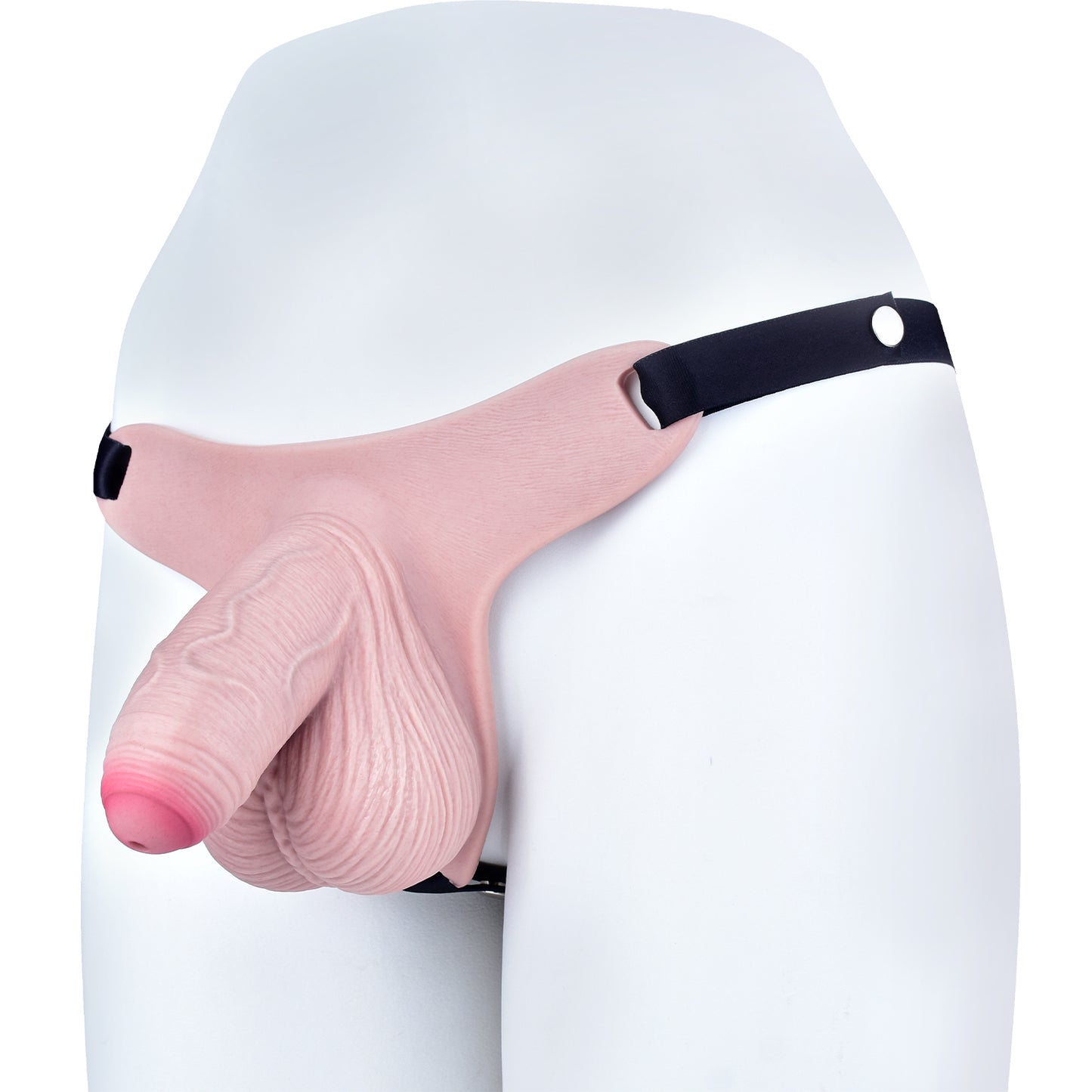Peniskäfig mit Vorhaut & Spiralfalten – Babyrosa, Harnöffnung & Zwei Harness-Varianten aus Platin-Silikon