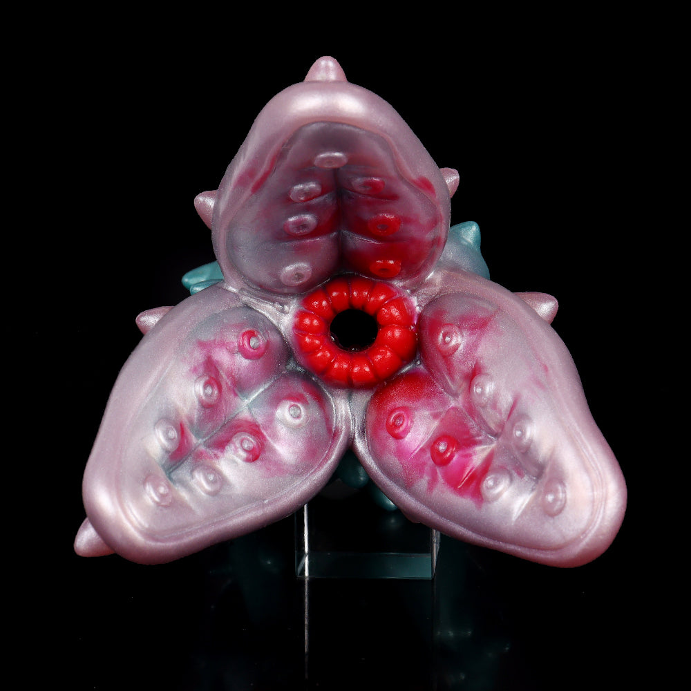 Alien-Pflanze Pocket Pussy mit Drei Tentakeln & Stacheln – Mintgrün-Rosa Perlmutt, Rote Innenkammer & Platin-Silikon