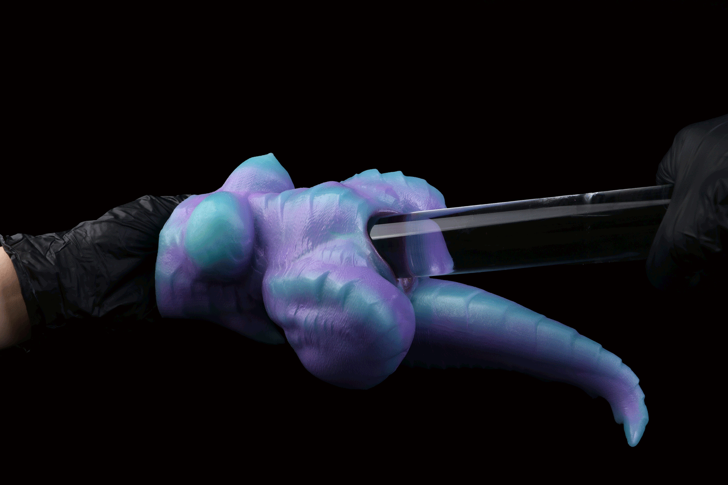 Drachen-Torso Sexpuppe – Lavendelviolett & Cyan, Stachel-Drachenschwanz, Dunkelroter Eingang & Einzelkanal aus Platin-Silikon