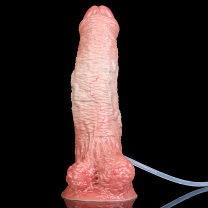 Vorhaut-Girth Squirting Dildo – Warmes Beige & Horizontale Hautfalten, Vorhautdesign, Ziegelroter Hodensack & Elliptischer Tiefnapf mit 3-Wege-Spritzsystem aus Platin-Silikon