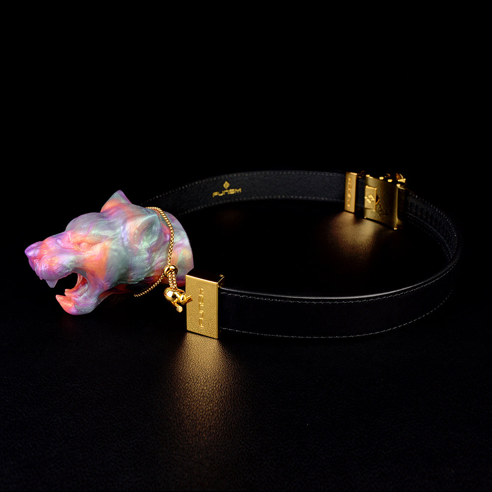 PURISM Leopardenkopf Mundknebel Silikon - Luxury Silicone Gag Brüllender Leopard Perlglanz Venezianerkette