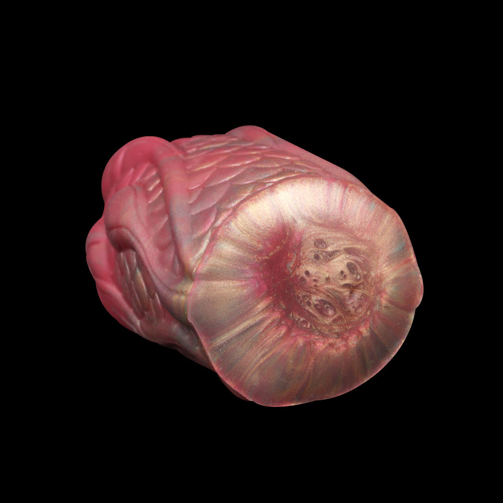 Schuppenwurzel Pocket Pussy in Rosenrosa mit Fischschuppen-Oberfläche, Wurzelstruktur & Einzelkanal – Rosenrosa-Perlweiß-Mintgrün-Kupfer, Dreiphasen-Kanal & Platin-Silikon