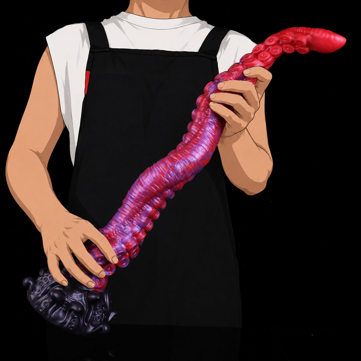 Kraken-Tentakel Long Dildo – Progressiv Vergrößernde Ringnapf-Saugscheiben, Rot-Violett-Perlmuttwirbel, S-Kurven-Tentakelschaft & Schwarzer Oktopus-Reliefsockel mit Saugnapf aus Platin-Silikon