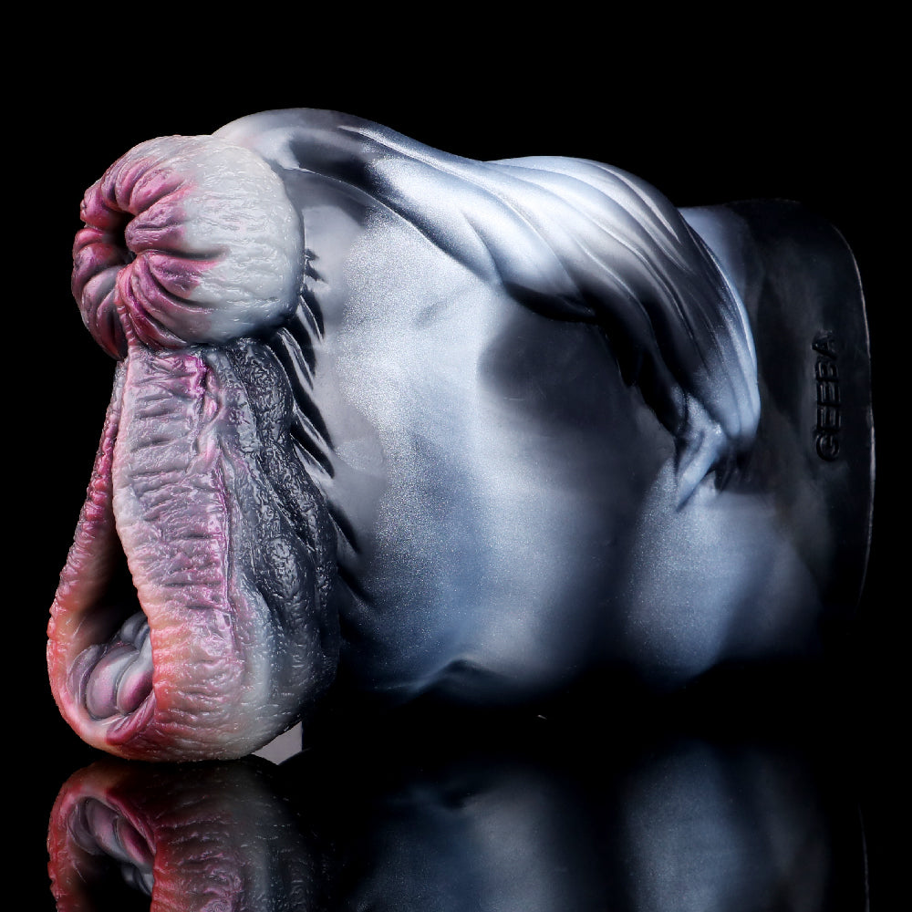 Zebra-Vulva Pocket Pussy mit Spiralanalstruktur, Schwanzstruktur & Vaginal-Anal-Doppelkanal – Stahlblaugrau-Silberweiß-Rosarosa, Muskelwülste & Platin-Silikon
