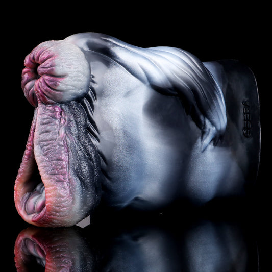 Zebra-Vulva Pocket Pussy mit Spiralanalstruktur, Schwanzstruktur & Vaginal-Anal-Doppelkanal – Stahlblaugrau-Silberweiß-Rosarosa, Muskelwülste & Platin-Silikon