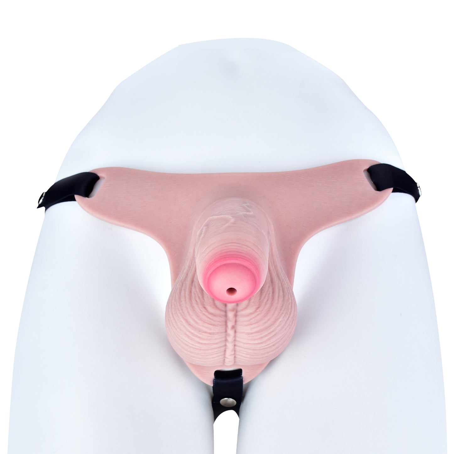 Peniskäfig mit Vorhaut & Spiralfalten – Babyrosa, Harnöffnung & Zwei Harness-Varianten aus Platin-Silikon