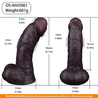 BBC Dildo Schokoladen-Braun – Konische Vorhaut-Eichel mit Venenknoten, breite Doppelhauptvene, natürliche Aufwaertskurve, zwei Hoden & runder Saugnapf aus Doppelschicht-Platin-Silikon