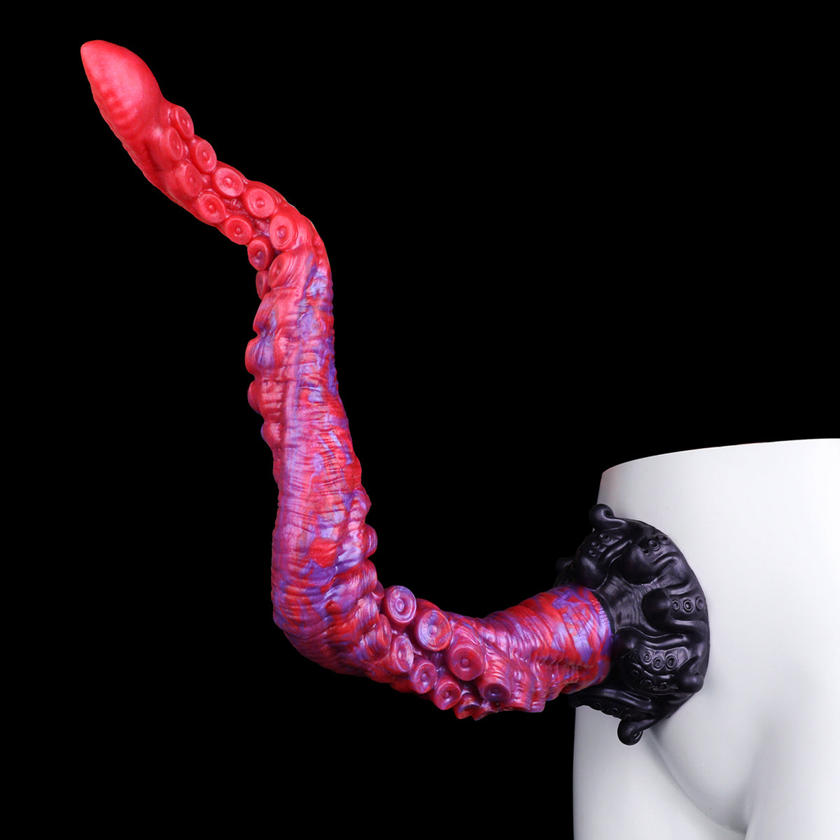Kraken-Tentakel Long Dildo – Progressiv Vergrößernde Ringnapf-Saugscheiben, Rot-Violett-Perlmuttwirbel, S-Kurven-Tentakelschaft & Schwarzer Oktopus-Reliefsockel mit Saugnapf aus Platin-Silikon