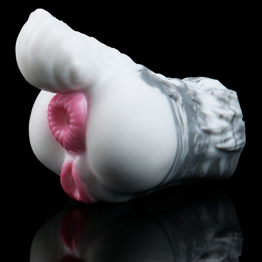 Arktischer Schneewolf Pocket Pussy – Weiß-Grau Tintenwolken, Magenta-Doppelöffnung, Wolfsschwanz & Doppelkanal aus Platin-Silikon