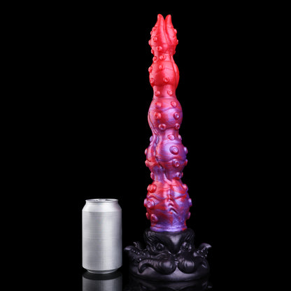 Tentakel Long Dildo – Rot-Lila Farbverlauf, Oktopus-Kopf-Sockel, Dichte Saugnapf-Reihen & Dreieck-Spitze aus Platin-Silikon