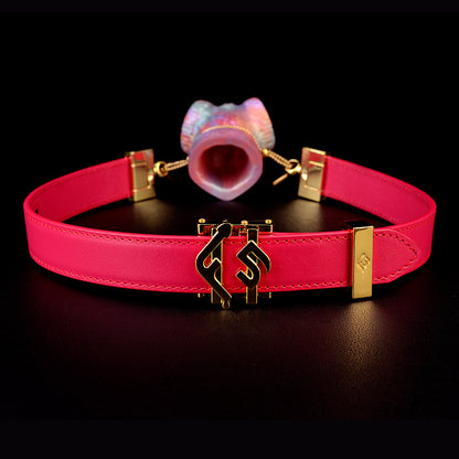 PURISM Luxury Gag Ball Widderkopf Silikon - Leather Gag Neon-Pink Vergoldete Hardware Perlglanz Mythologie