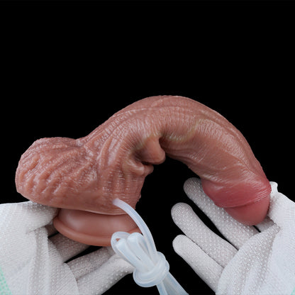 Strap-on Dildo Set Realistisch & Dominant – Squirting Dildo mit Dichtem Adernetz, Halbbedeckter Vorhaut und Schwarzrotem Ledergeschirr