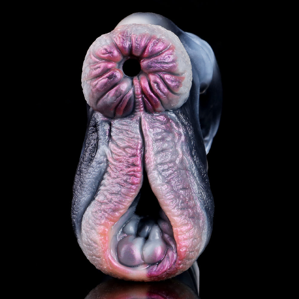 Zebra-Vulva Pocket Pussy mit Spiralanalstruktur, Schwanzstruktur & Vaginal-Anal-Doppelkanal – Stahlblaugrau-Silberweiß-Rosarosa, Muskelwülste & Platin-Silikon