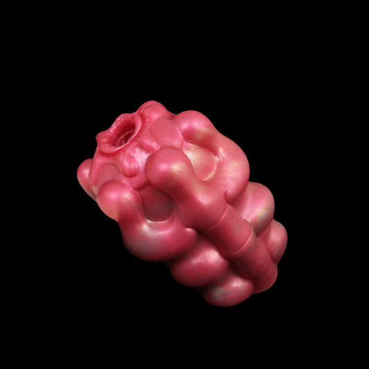Knochengerüst Pocket Pussy in Rosenrosa mit Knochengelenk-Oberfläche, Rippenstruktur & Einzelkanal – Rosenrosa-Perlgold, Sphinkter-Eingang & Platin-Silikon