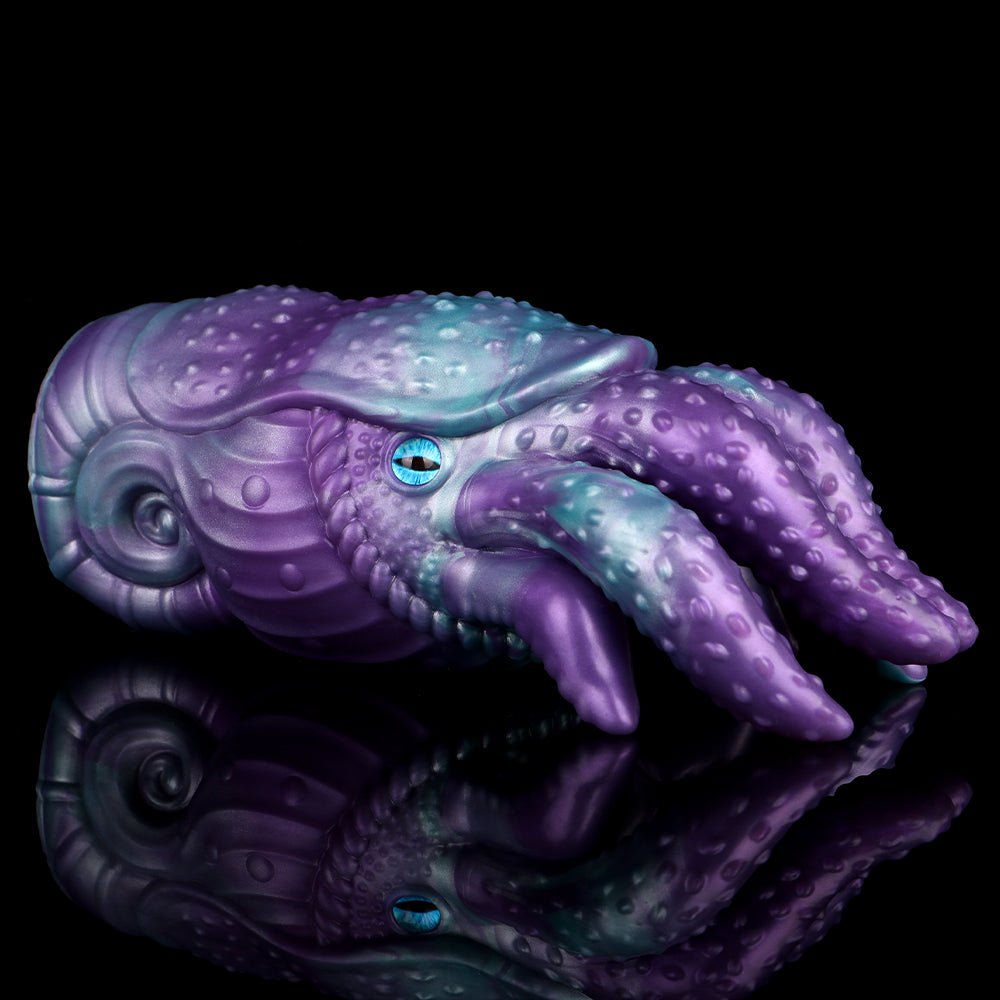 Tiefsee-Nautilus Sexpuppe mit Eisblauen Schlitzaugen, Tentakeln & Zahneingang – Tiefviolett-Eisblau, Zacken-Kugelnoppen-Kanal & Platin-Silikon