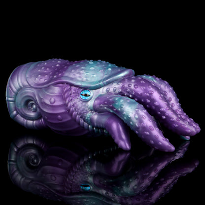 Tiefsee-Nautilus Sexpuppe mit Eisblauen Schlitzaugen, Tentakeln & Zahneingang – Tiefviolett-Eisblau, Zacken-Kugelnoppen-Kanal & Platin-Silikon