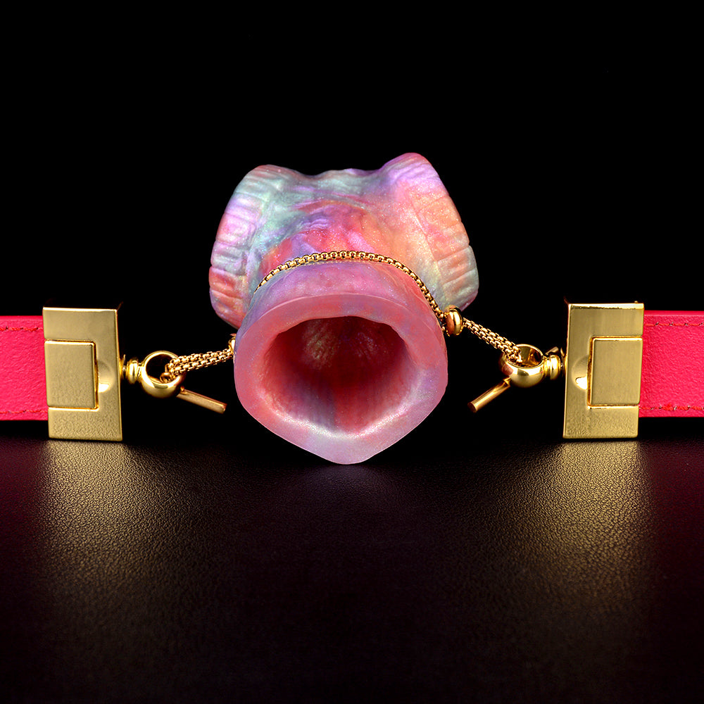 PURISM Luxury Gag Ball Widderkopf Silikon - Leather Gag Neon-Pink Vergoldete Hardware Perlglanz Mythologie