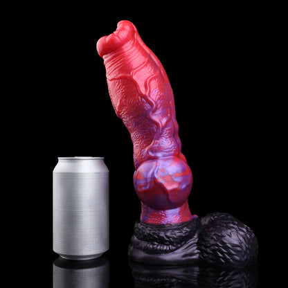 Drachenpuls Dog Dildo – Radialblüten-Glans, Grob-Unregelmäßige Aderreliefstruktur, Dual-Knotenschaft & Schwarzer Drachenschuppen-Hodensaugnapf-Sockel aus Platin-Silikon