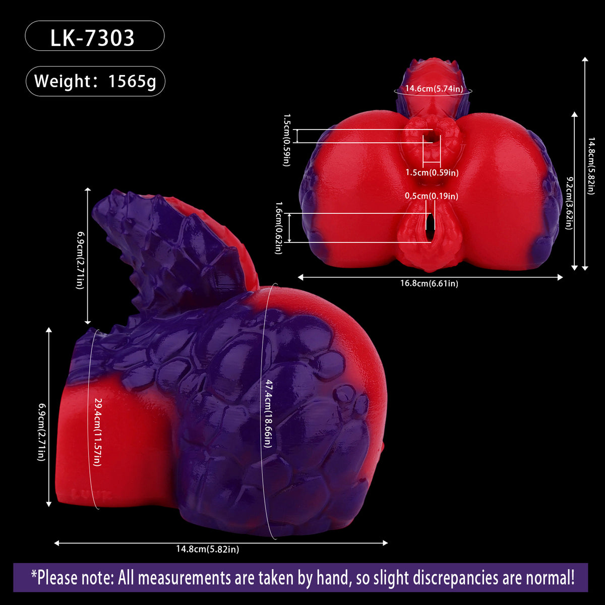 Drachenmädchen Pocket Pussy – Doppelkanal Vaginal & Anal, Karminrot-Violett Drachenschuppen-Design aus Platin-Silikon