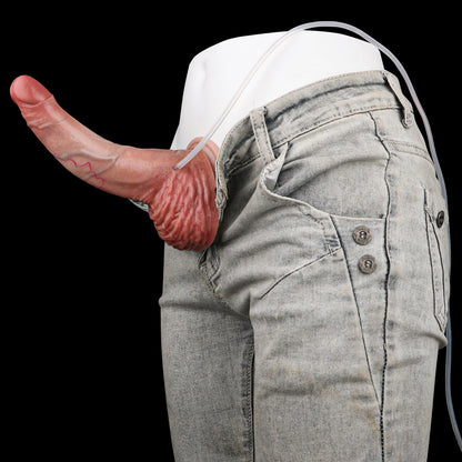 Pfirsich-Girth Squirting Dildo – Ultra-Breiter Pfirsich-Fleischton, Tieffalten-Hauttextur, Massiver Hodensack & 3-Wege-Spritzsystem aus Platin-Silikon