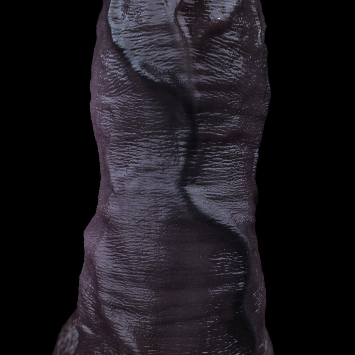 BBC Dildo Grape Purple – Symmetrical hemispherical head with radial texture, dominant frontal vein, natural upward curve, two testicles & wide oval suction cup made of dual-layer platinum silicone