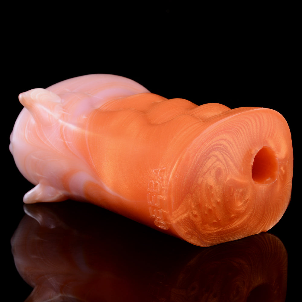 Fuchs-Vulva Pocket Pussy im Corgi-Orange mit Basis-Ohren, Rautenalöffnung & Vaginal-Anal-Doppelkanal – Pfirsich-Corgi-Orange, Wellennoppen-Kanal & Platin-Silikon