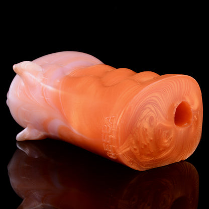 Fuchs-Vulva Pocket Pussy im Corgi-Orange mit Basis-Ohren, Rautenalöffnung & Vaginal-Anal-Doppelkanal – Pfirsich-Corgi-Orange, Wellennoppen-Kanal & Platin-Silikon